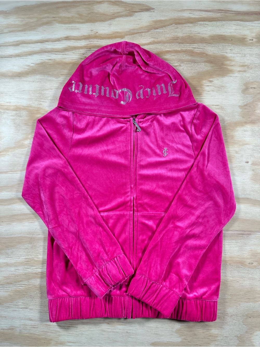Juicy Couture Kids Hot Pink Velour Zip Hoodie Silver JC Logo Large (12-14)